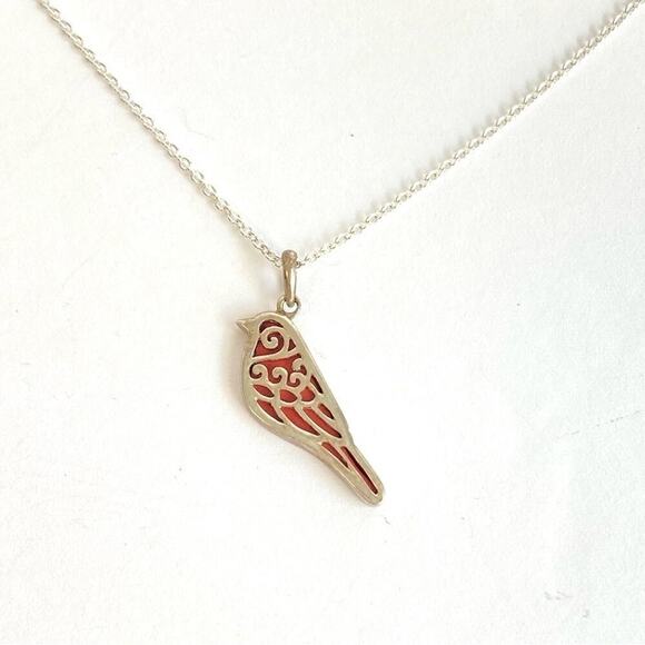 Sparrow Bird Necklace Sterling Silver Songbird Pendant Dainty Filigree Enamel - Picture 4 of 10